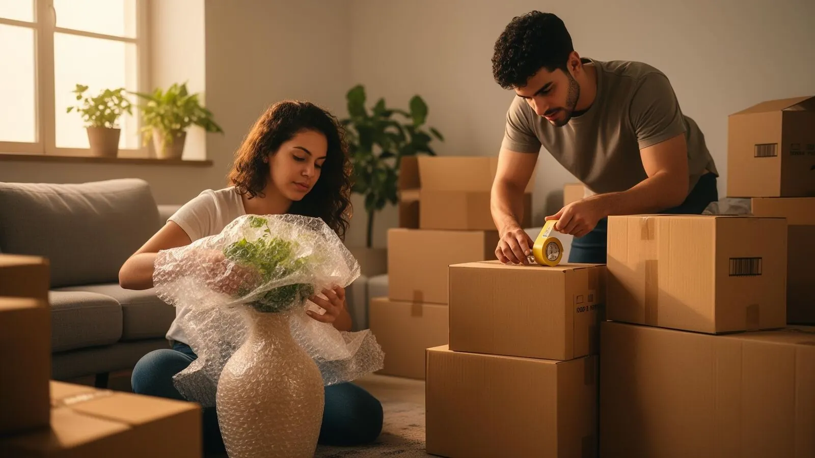 Casal empacotando itens em casa para mudança em Recife